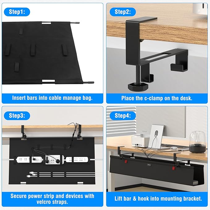 WISUGASO Under Desk Cable Management Tray for Table, No Drill 36" Cord Organizer with Cable Loop, Upgraded Oxford Fabric Wire Management for Office, Home - No Damage to Table
