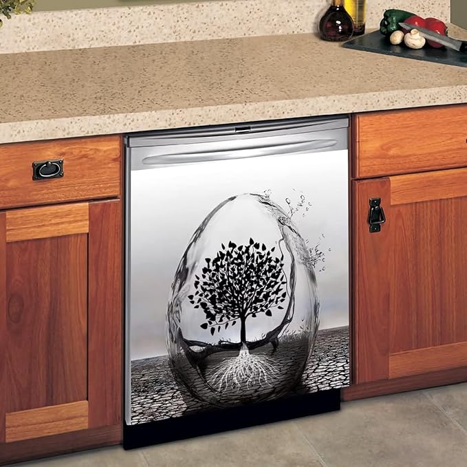 Wine Glass and Tree of Life Art Decoration Dishwasher Cover Black Abstract Decal Magnetic Cover for Dishwasher Front Door 23x17inch Magnet Sticker Kitchen Dishwasher Decor Panel