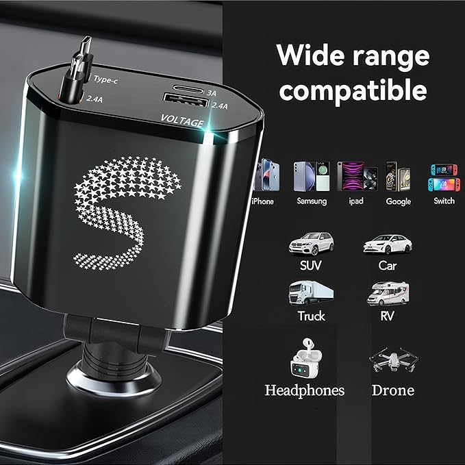 Retractable Car Charger USB C Fast Charging 120W, Car Accessories Cigarette Lighter Adapter Car iPhone17 16 15 14 13, Galaxy S26, Pixel Charger Travel Essentials Gift for Travelers, Men, Women
