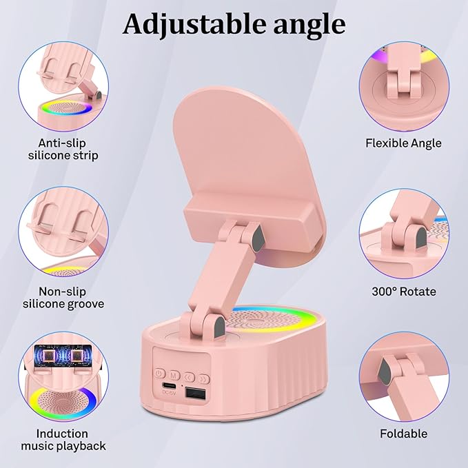 AKLLCCR Wireless Induction Audio Bluetooth Speaker 5in1 Phone Holder Emergency Rechargeable (3000mAh) with Colorful Ambient Light 300° Foldable for Tablet iPhone Android, Womens Birthday Gifts(Pink)
