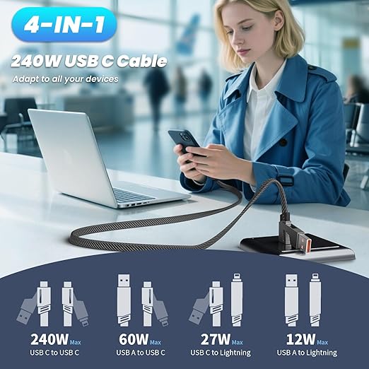 Travel Essentials,Dual Type-C 4 in 1 Multi Charging Cable, 5 FT Universal Charging Cables for All Devices, 2 USB-C/IP/Micro USB Port, Compatible with iPhone 17 16/15 Series/Phone/Tablet,240W
