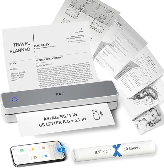 PRT Inkless Portable Printer for Travel, Wireless Thermal Printer Support 8.5 x 11 US Letter A4 B5, Bluetooth Mobile Printers for Laptop, iPhone, Android for Home, Car, Office, School, MT610 Grey