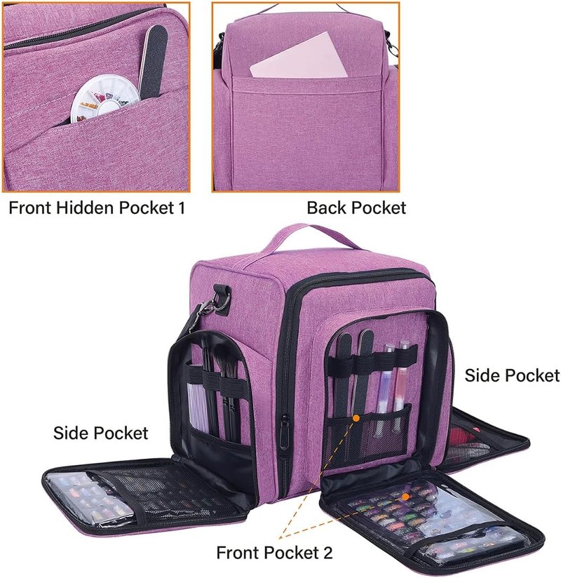 Nail Polish Organizer Box - 60 Bottle Portable Storage with 2 Detachable Bags | Purple for Nail Tools & Cosmetics