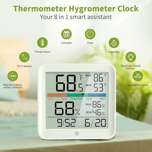 MeesMeek Indoor Thermometer Room Temperature Home Hygrometer Humidity Gauge, Accurate with Calibration, Backlight, Air Comfort Indicator, 24H Max Min Records, Time, Date (AAA Batteries Included)