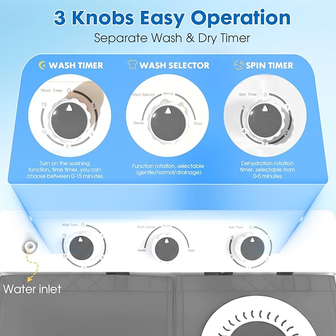 14 lbs Portable Dual Tub Washing Machine with 9.5 lbs Wash Capacity and 4.5 lbs Spin Capacity, Perfect for Small Spaces & Dorms, Grey