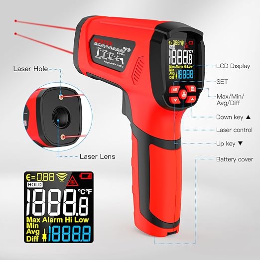 Infrared Thermometer Temperature Gun, -40℉-3632℉, Non Contact Digital Laser Thermometer Pyrometer 50:1 High Temp with Color LCD Display for Industrial HVAC Forge Metal Smelting