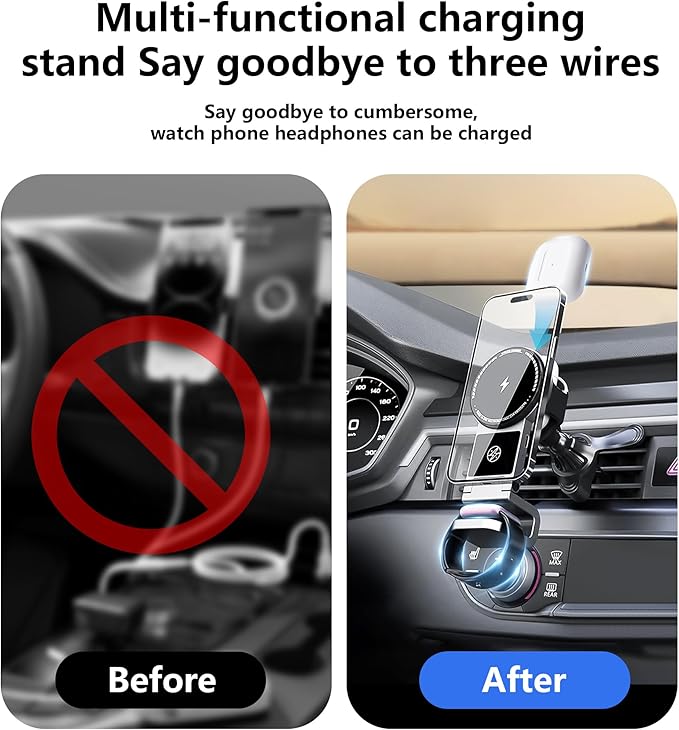 Fannasi 3 in 1 Wireless Car Charger, 15W Fast Charging Phone Holder Foldable Magnetic Mount Fit for All iPhone Android Phone, iWatch, Airpods Wireless Earphone