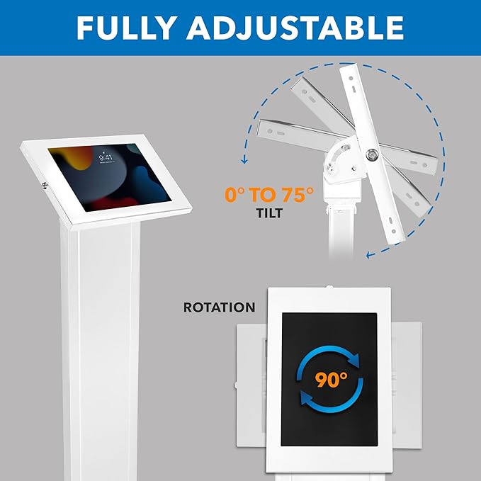 Mount-It! Anti-Theft iPad Floor Stand Kiosk, Locking Tablet Floor Stand for iPad Gen 7–11 & A16, Air & Pro (10.2"–11"), Commercial Kiosk for Retail, Lobby & Trade Show, White