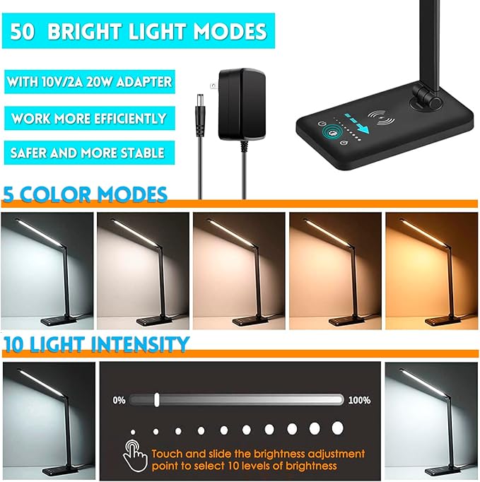 JOSTIC LED Desk Lamp with Wireless Charger, USB Charging Port, 10 Brightness, 5 Color Modes, Desk Lamps for Home Office, Dimmable Table Lamp Eye Caring Reading Light, Touch Control, Auto Timer, Black