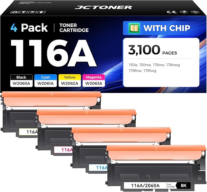 JCTONER 116A Toner Cartridge 4-Pack High Yield Replacement for Printer Black Cyan Yellow Magenta