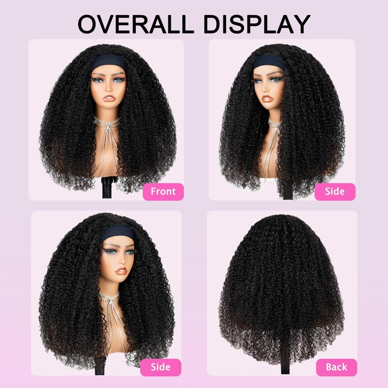 CUUYUN Kinky Curly Headband Wig Human Hair Curly Headband Wigs for Black Women 12 Inch None Lace Front Wigs Machine Made Wigs Glueless Brazilian Curly Human Hair Wig