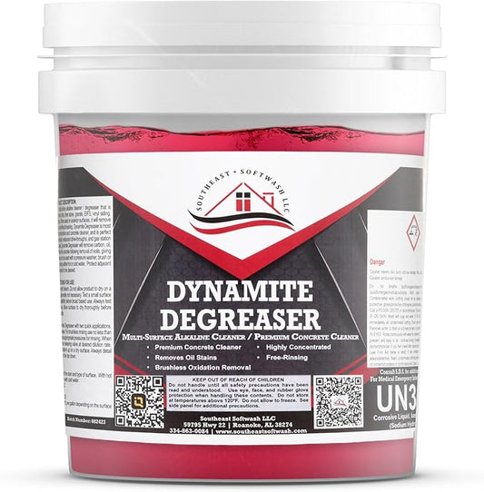 Dynamite Degreaser by Southeast Softwash | Heavy Duty Degreaser Cleaner for Oil and Grease | Driveway Cleaner for Concrete, Dumpster Pads, Gas Stations and Commercial Surfaces | 5 Gallons