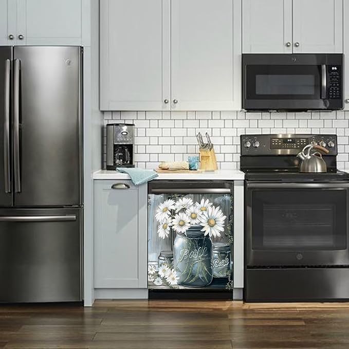 Country Daisies Dishwasher Magnet Cover for The Front, Still Life White Flowers Reusable Magnetic Dishwasher Sticker, Vintage Vase Floral Kitchen Appliances Panel Decal (23" x 26" Magnetic)