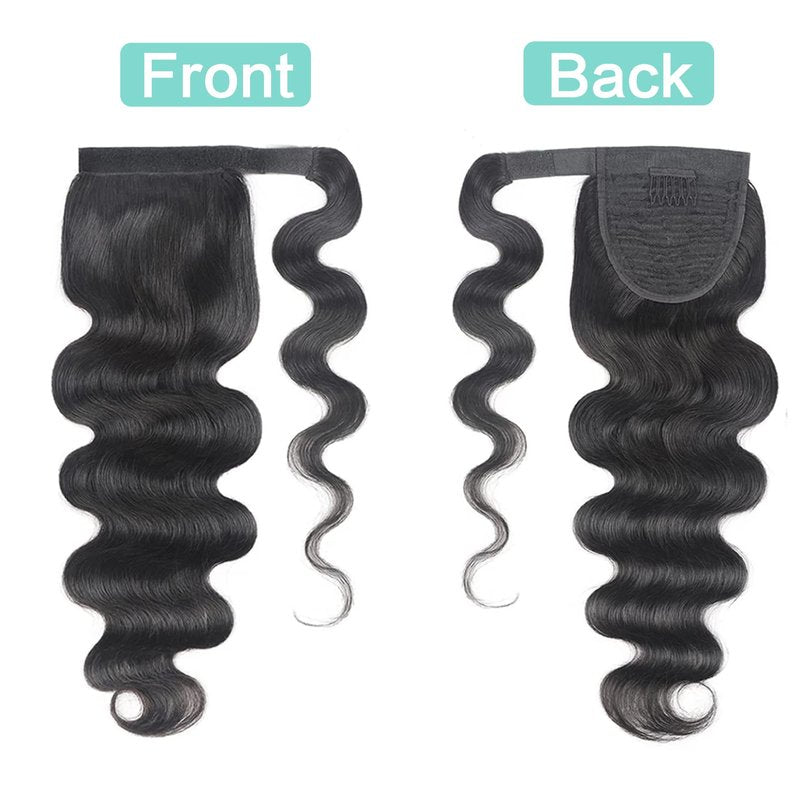 Humistwbiu Human Hair Body Wave Ponytail with Magic Paste Warp Around 100% Brazilian Virgin Human Hair Ponytail for Black Women Natural Color 18 Inch