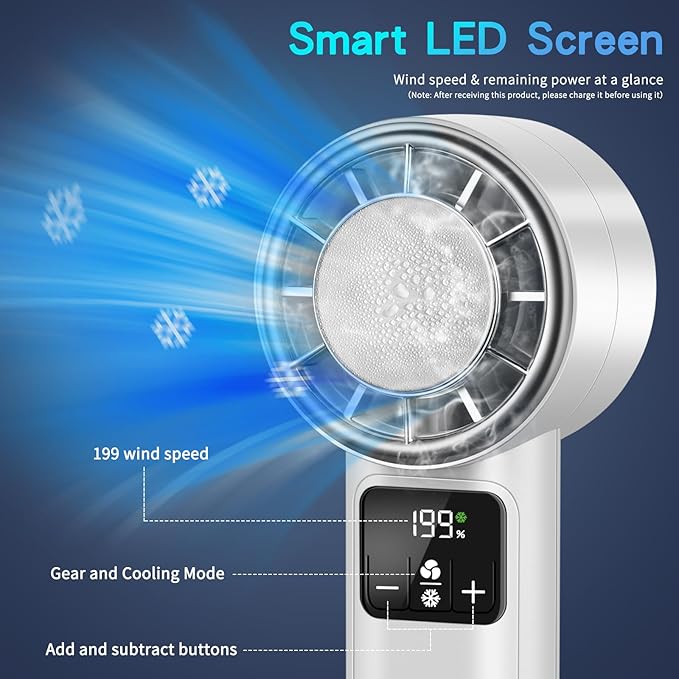 HONEYYEAR Handheld Turbo Fan with Ice Cooler, Rechargeable Personal Fans, 1-199 Adjustable Speed, Powerful Cooling Personal Mini Fan, Portable Hand Fan for Travel, Outdoor, Office, Gifts for Women,Men