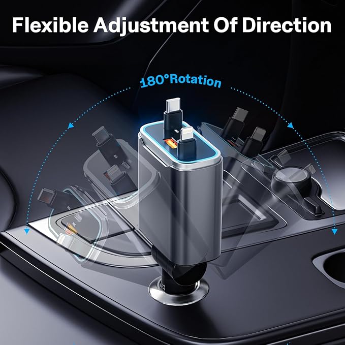 TOENNESEN Retractable Car Charger USB C 131W 4-in-1 Fast Charging with 2 Retractable Cables Car Phone Charger Adapter for iPhone 17 Pro Max 16 15 14 13 Fast Charge Car Accessories, Gifts for Men Women