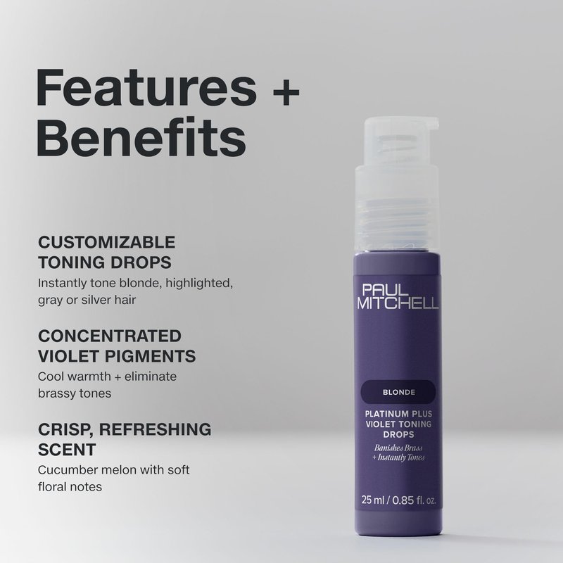 Paul Mitchell Platinum Plus Violet Toning Drops, Banishes Brass + Intensely Tones, Ideal for Blonde, Highlighted, Gray or Silver Hair, 0.85 fl. oz