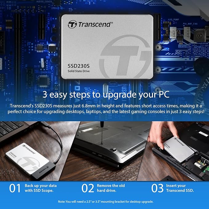Transcend SSD230 1TB 2.5" SATA III 6Gb/s Internal SSD with DRAM, Up to 560MB/s, for PS4/ PCs/Laptops, Desktops/Notebooks, 3D TLC Internal Solid State Drive with SLC Cache, RAID Engine, LDPC Coding