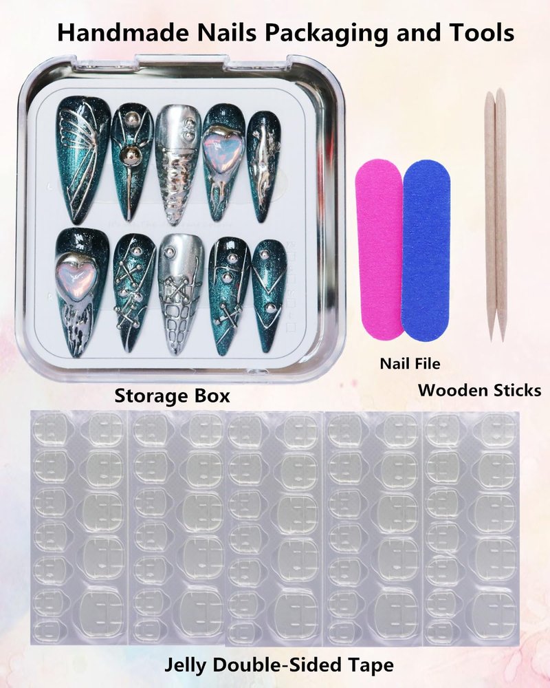 CAMILCY Luxury Handmade Press On Nails Gothic Teal Stiletto Silver Blue Gothic 3D Metal Heart HandPainted Reusable Artificial Salon QualityFalse Nails for Women 10pcs (A46, S)
