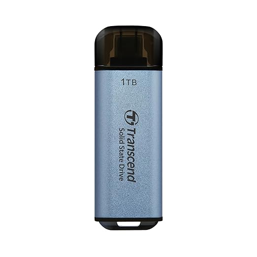 Transcend ESD300 1TB External SSD, Up to 1,050MB/s, Type C USB Drive for iPhone17,16,15, iPad&Mac/Pixel10/Tesla/Steam Deck/ROG Ally/MSI Claw/Android/PS5, Smart TV, USB 3.2 Gen2 Portable SSD- Sky Blue