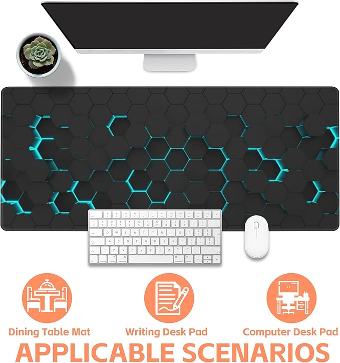NIYLYNSYN Mouse Pad Large Abstract Hexagonal Neon Non-Slip Game Desk Mat with Stitched Edge Laptop Keyboard Desk Pad for Work Home Gaming (35.4 x 15.7 Inches)