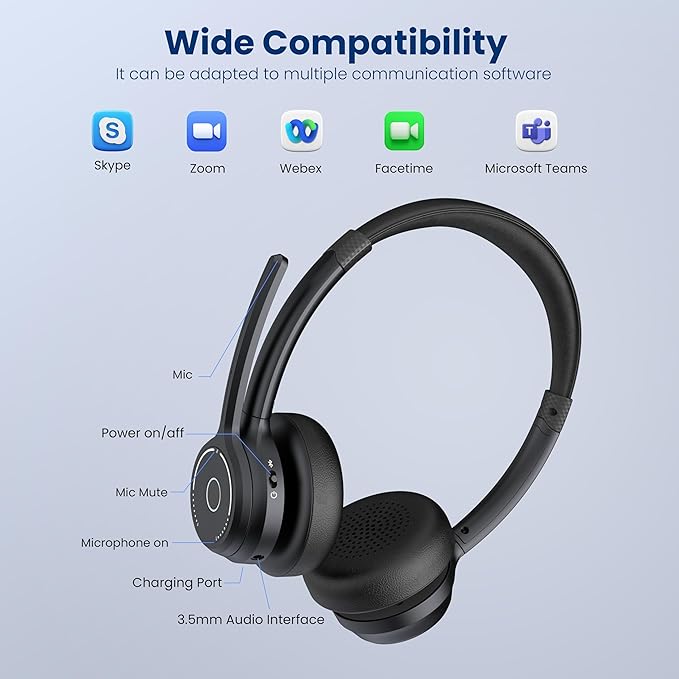 Gixxted (2025 Upgraded) Wireless Headset with Mic for Work, Bluetooth Headset with Noise Canceling Microphone, Wireless On Ear Headphones with USB Dongle and Mute Mic for Computer