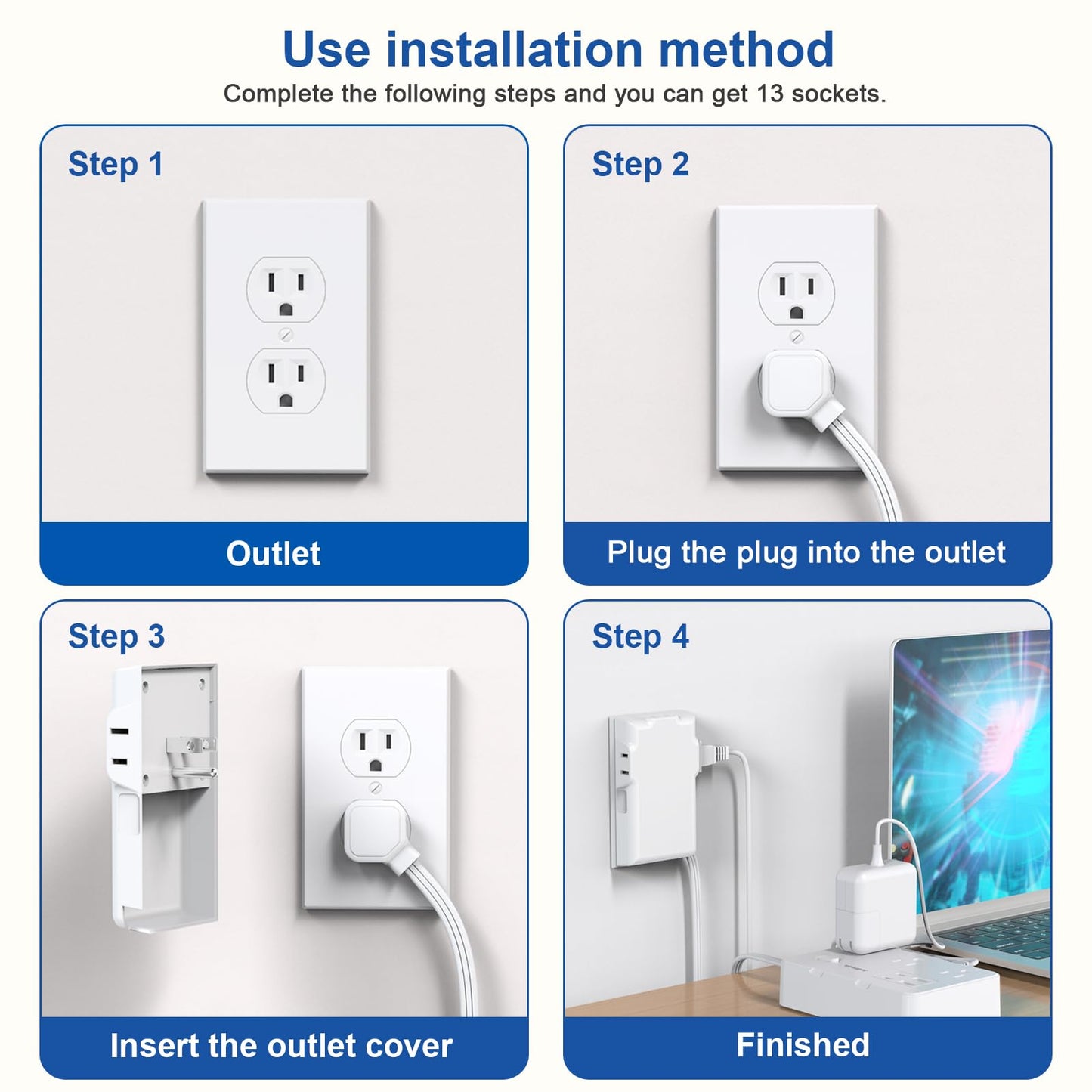 Power Strip Surge Protector with Outlet Cover, 6 AC Outlets Surge Protection, 4 USB Ports, 5ft Extension Cord, Wall Mount Flat Plug for Indoor Home Office Kitchen, White