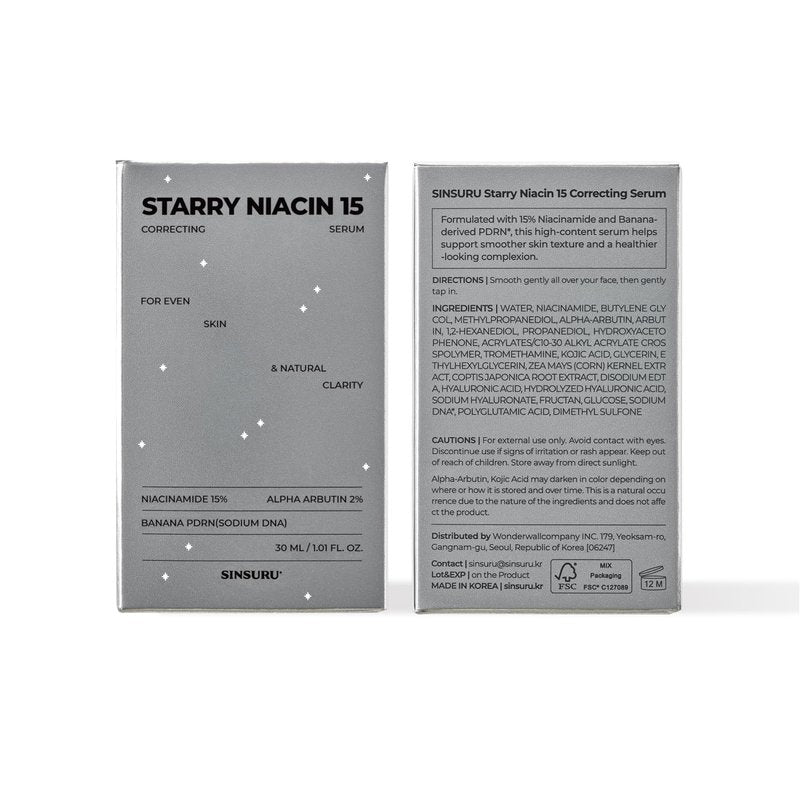 SINSURU 15% Niacinamide + Alpha Albutin + Banana PDRN Starry Niacin 15 Correcting Serum – Potent Brightening Serum for Uneven Tone & Dark Spots, Fragrance-Free | Korean Skincare (1.01 fl.oz / 30ml)