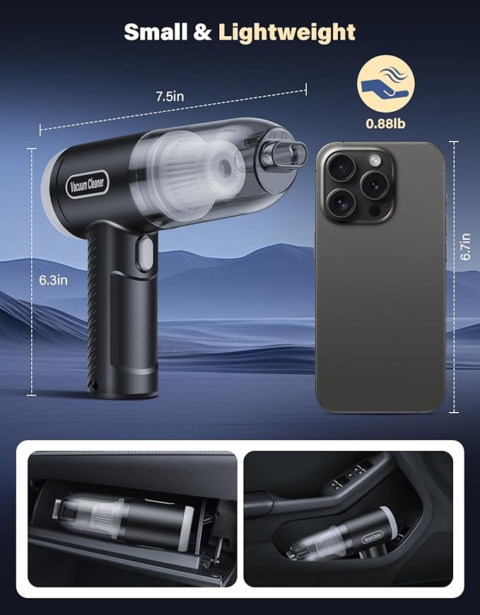 Abanso Car Vacuum Portable Cordless, 16000Pa Handheld Vacuum Mini Vacuum Cleaner High Power with Best Suction Brushless Motor, 4 in 1 2-Speed Air Duster Portable Vacuum for Car Keyboard Pet Hair