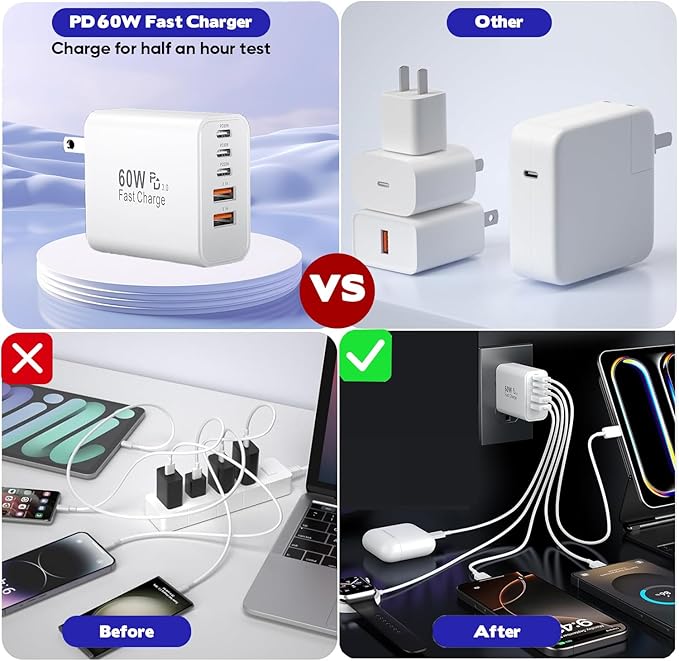 iPhone 17/16 Fast Charger Block,2 Pack 60W USB Charging Block 5-Port Charge Adapter for Apple iPhone Charger with 6FT USB C Woven Fast Charging Cable for iPhone17/16e/16Pro/15ProMax, iPad Pro/Air/Mini