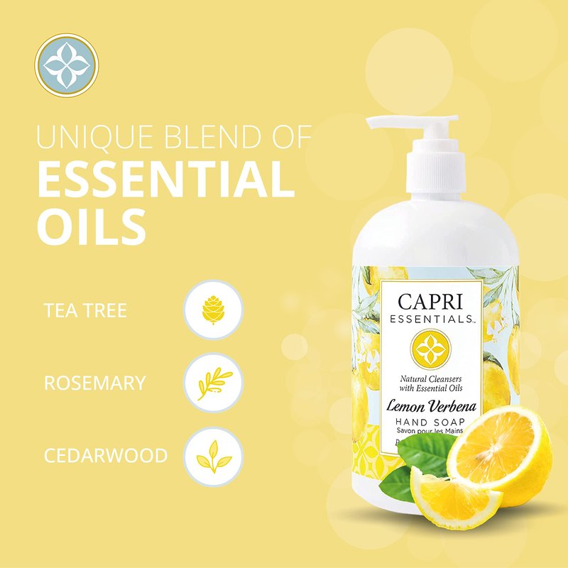CAPRI ESSENTIALS Hand Soap Liquid, Natural Household Cleaning Supplies, Gentle Plant Based Aromatic Hand Wash, Blend of Essential Oils, Removes Dirt & Grime, Lemon Verbena Scent, 16 FL Oz (3 Pack)