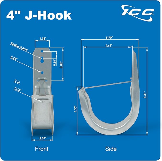ICC 4-Inch Wall Mount J-Hook – 25-Pack, Cable Support 4" J Hooks with Retainer Clips, Galvanized Steel with Zinc Finish – for Structured Cabling and Cable Management