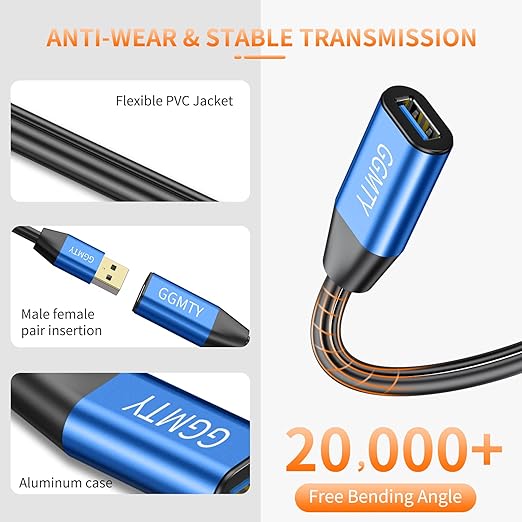 GGMTY USB 2.0 Type A Male to A Female Active Repeater Extension Cable 75ft, High Speed 480 Mbps