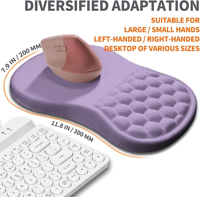 Armanza Ergonomic Joint Wrist Support Mouse Pad with Memory Foam Cushion Massage Bump, Carpal Tunnel Pain Relief Mousepad Slope Design for Wrist Rest, 11.8x7.9 in, Pale Purple