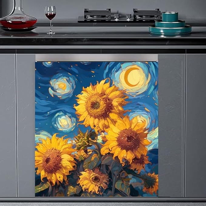 Farmhouse Sunflower Dishwasher Covers for The Front, Starry Night Style Flowers Dishwasher Sticker, Sunflower Painting Fridge Skins Cover - 23" W x 26" H Ordinary
