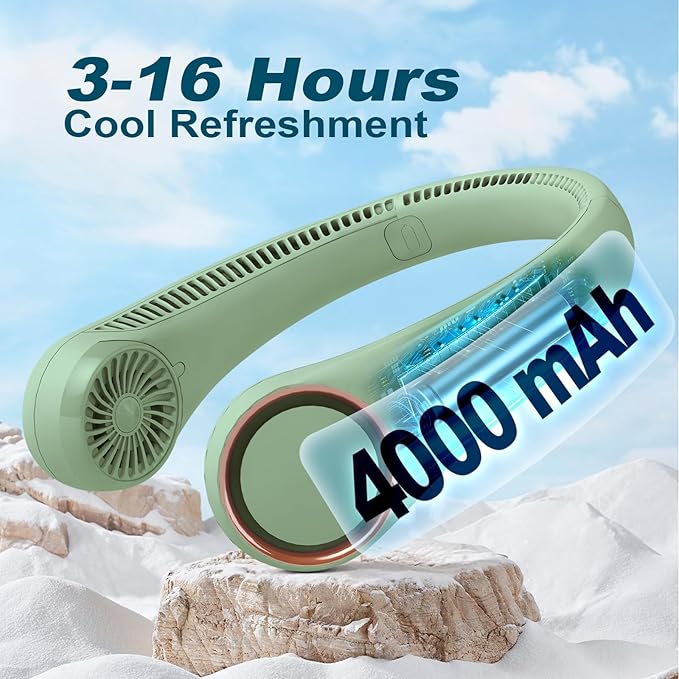 CIVPOWER Neck Fan: Portable Personal Neck Cooling Rechargeable Bladeless Fan - Hands Free 3 Speed 4000 mAh Battery USB Operated Wearable Headphone Design - Gift for Men Women Outdoor (Light Green)
