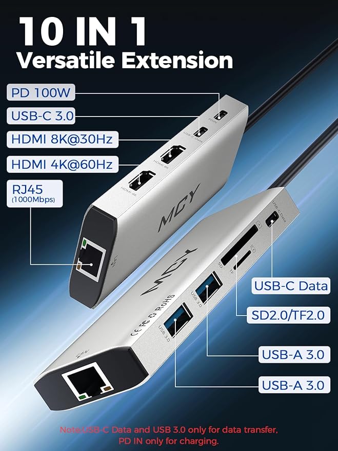 MCY USB C Hub,Laptop Docking Station Dual Monitor Single 8K,2x4K@60Hz,10in1 Type-C Multiport Adapter with PD100W,Card Reader,Extender,Splitter,Ethernet Dock for MacBook Ipad Pro/Dell/HP/Surface etc.
