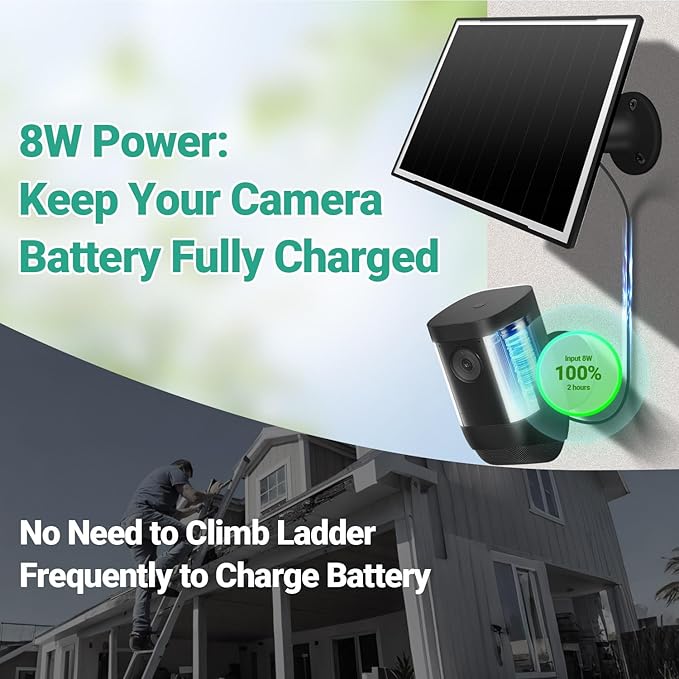 Solar Panel for Ring Camera/Wyze Cameras, 8W Solar Charger Compatible with Stick Up Cam Pro/Plus & Spotlight Cam (Battery) Plus/Pro - Waterproof, 16ft Long Cable, DC3.5mm & USB C Ports, Black