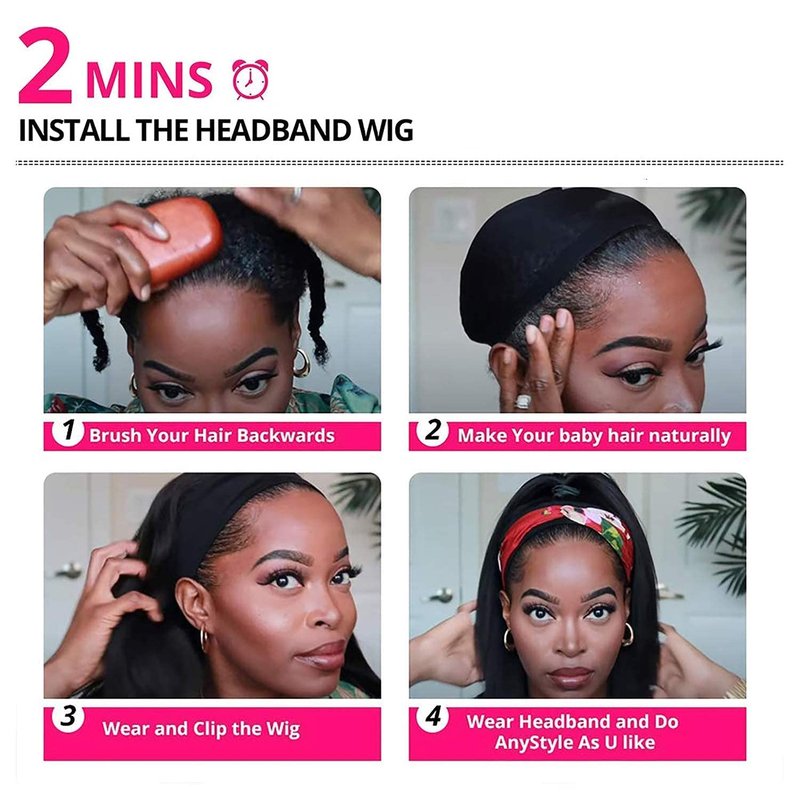 TNICE Headband Wig Human Hair Straight 14 Inch Headband Wigs for Black Women Human Hair Headband Wig Glueless None Lace Front Brazilian Virgin Hair Wigs Natural Color 150% Density
