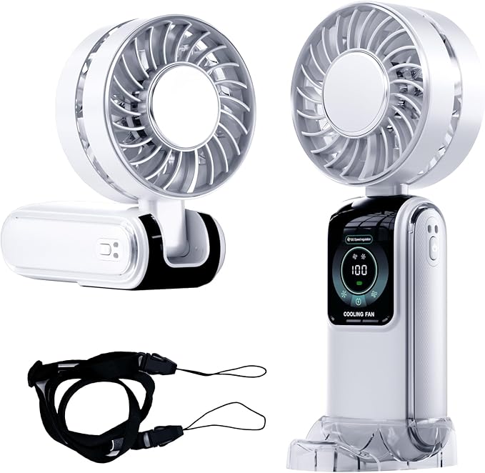 GZEduld Personal Handheld Fan with Stand & Lanyard, 5000mAh USB-C Rechargeable Battery, 12H Runtime 5-Speed LED Display Mini Cool Fan for Travel Beach Concerts Outdoor Events（4 Colors Available）