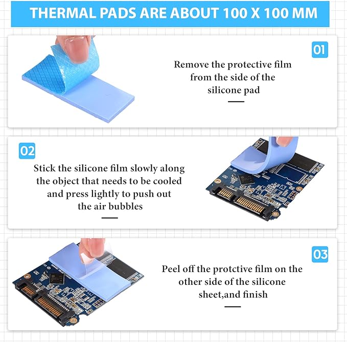 Frienda 6 Pcs Thermal Pad 100 x 100 Mm, 0.5, 1, 1.5, 2, 2.5, 3 mm Heat Resistant Conductive Silicone Thermal Pads Conductivity 6.0 W/M for Laptop Heatsink CPU Gpu LED Cooler(Blue)