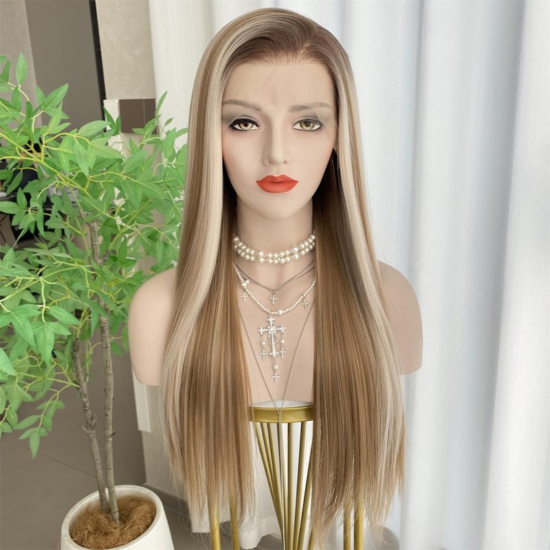 VASTCURY Light Honey Blonde Wigs Highlight Platinum Ombre Color 13x4 Synthetic Fiber Lace Front Wig Long Silky Straight 22Inch Pre Plucked Hairline for Women