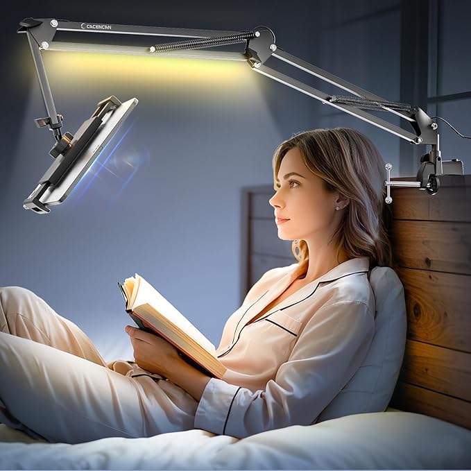 Gooseneck Phone Holder for Bed Desk, Tablet Stand Adjustable, Kindle iPad Holder for Phone Tablet Holder Mount fits iPhone Kindle 4-13" Device Valenties Day Gifts for Women (Black(with Light))