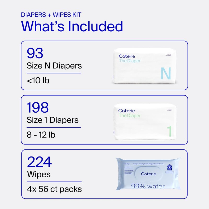 Coterie Baby Wipes + Diapers Kit, Size 1 (198 Count) & Size Newborn Diapers (93 Count), 4 Pack (224) Wipes with 99% Water, Plant Based Materials, Hypoallergenic for Sensitive Skin, Baby Essentials
