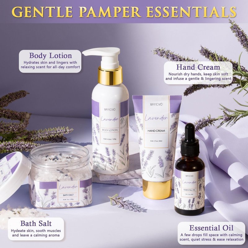 Mothers Day Birthday Gifts for Women, Lavender Relaxing Spa Gift Baskets for Women Self Care Package Bath Gift Set, Home Bath and Body Kit Pamper Gifts for Womens Her Mom Friends Wife Girlfriend Wife