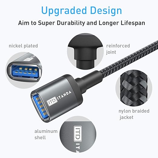 ITD ITANDA 10FT USB Extension Cable USB 3.0 Extension Cord Type A Male to Female5Gbps Data Transfer for Keyboard, Mouse, Playstation, Xbox, Flash Drive, Printer, Camera and More