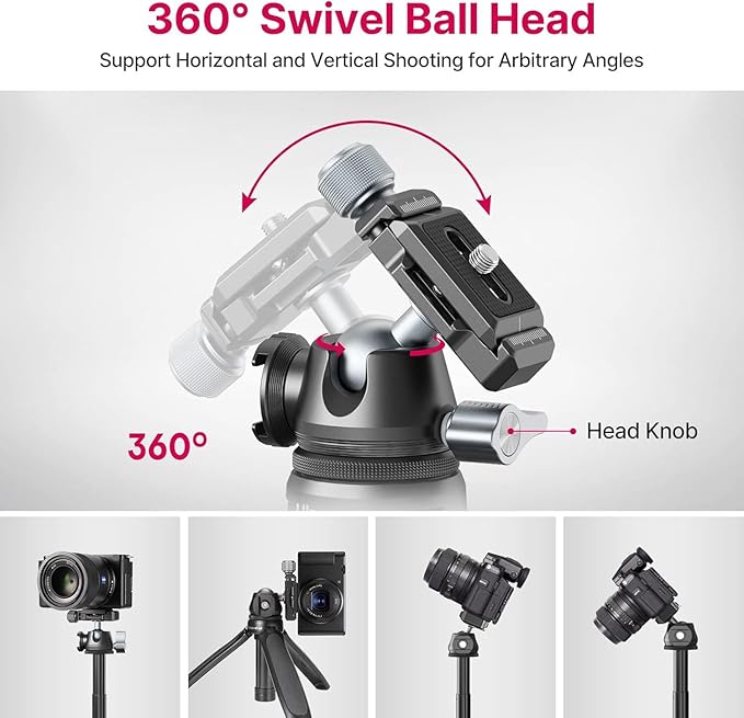 ULANZI MT-47 Camera Tripod Aluminum Alloy Mini Travel Phone Tripod Stand Compact Desktop Tripod for DSLR, 360° Ball Head with 1/4 inch Arca Quick Release Plate Cold Shoe Portable Vlog Selfie Stick