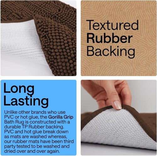 Gorilla Grip Plush Bath Rug Mat - Absorbent Shaggy Chenille for Square Toilet Base | Machine Washable, Soft Microfiber, Brown