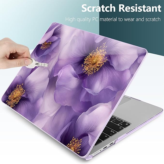 TWOLSKOO for MacBook Air 13 inch Case M4 A3240 M3 A3113 M2 A2681 2025 2024 2022 Plastic Hard Shell, Keyboard Cover, Type C Adapter, Screen Protector for MacBook Air 13.6 inch, Purple Flowers