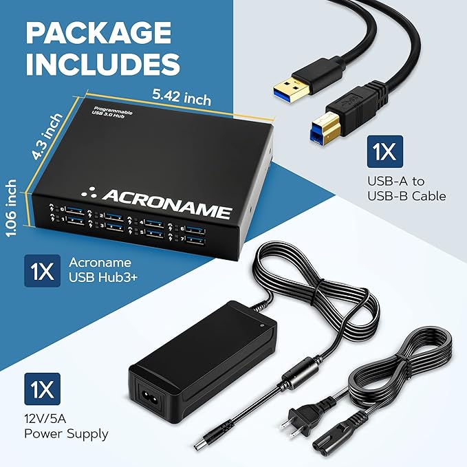 Acroname - Managed USB Switch/Hub, 2 Hosts - 9 Port, Fast Charge (4A), Industrial & Scientific Grade, Programmable Compatible with Mac/Windows/Linux for Keyboard Mouse External Hard Drive